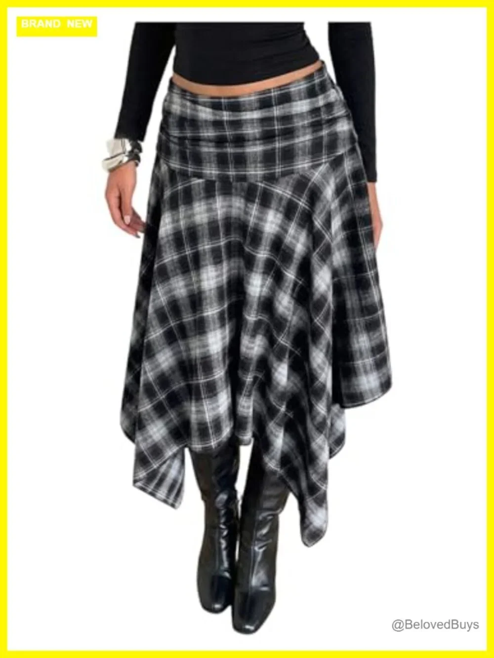 Plaid Midi Skirt Asymmetrical Ruffle Hem Low Rise Flowy Y2K